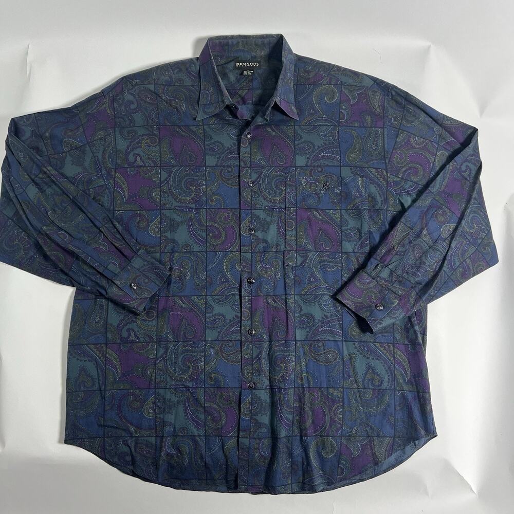 RE-UNION Menswear Men's Blue/Purple/Green Paisley Woven Cotton Button-Up L